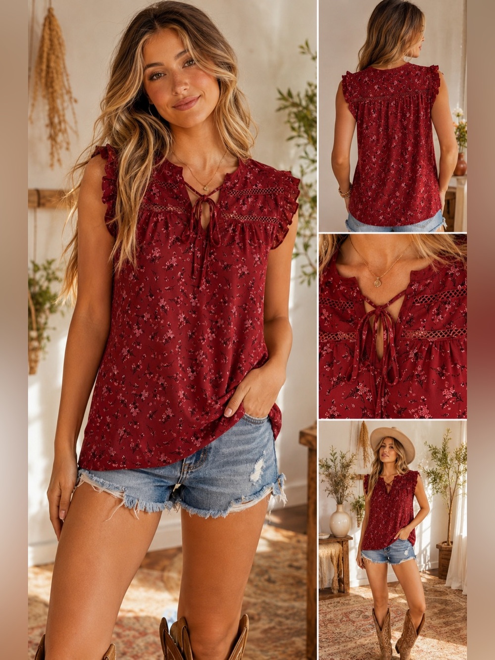 Ember Red Floral Lace-Up Boho Peasant Top Size Large Cottagecore Festival Blouse